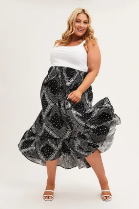 Black Boho Midi Skirt High Waist Tiered Black Boho Midi Skirt High Waist Tiered