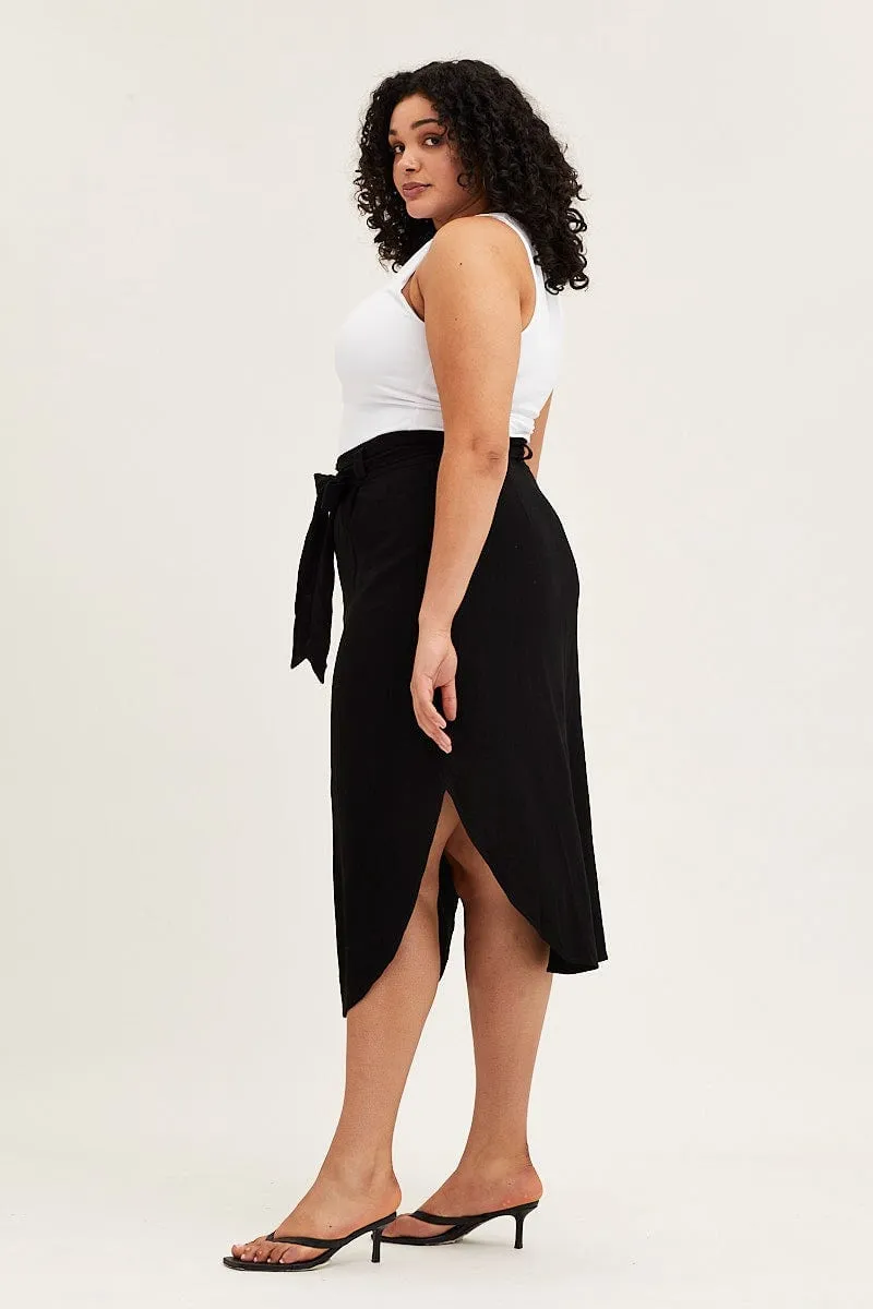 Black Button Front Linen Blend Midi Skirt