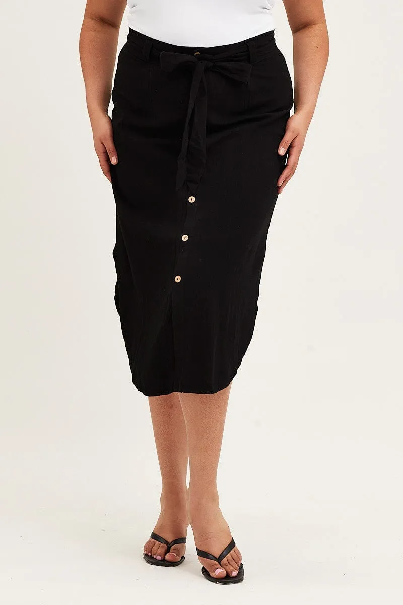 Black Button Front Linen Blend Midi Skirt