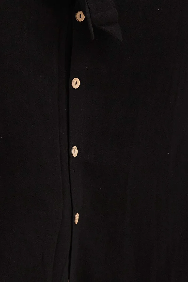 Black Button Front Linen Blend Midi Skirt