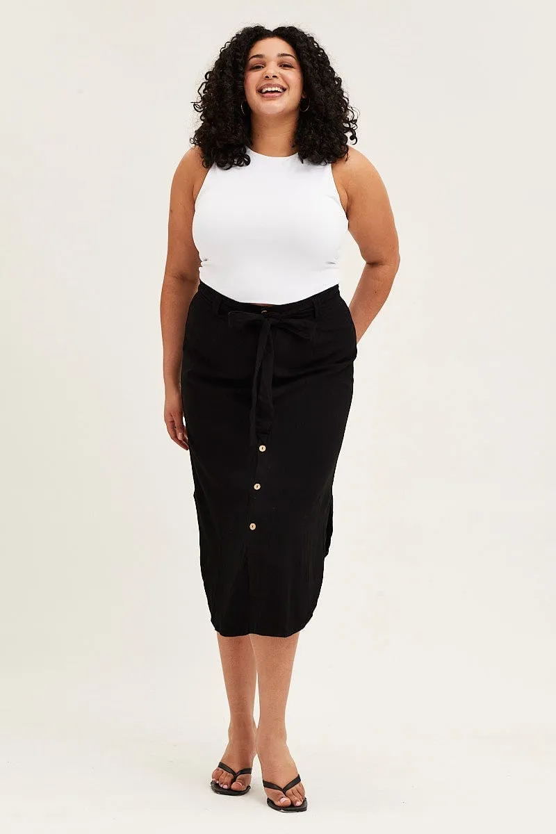 Black Button Front Linen Blend Midi Skirt
