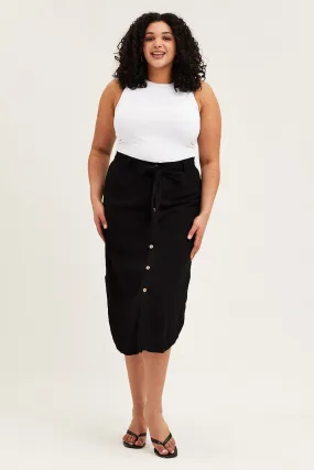 Black Button Front Linen Blend Midi Skirt Black Button Front Linen Blend Midi Skirt