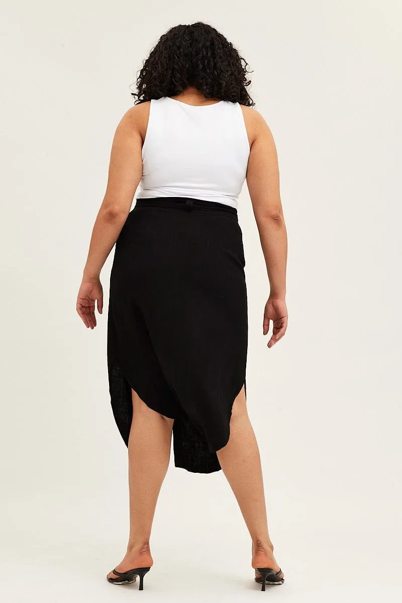 Black Button Front Linen Blend Midi Skirt
