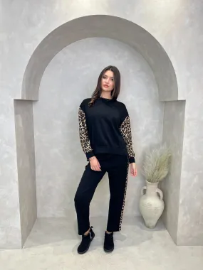 Black Leopard Print Trim Straight Leg Jogging Bottoms Black Leopard Print Trim Straight Leg Jogging Bottoms