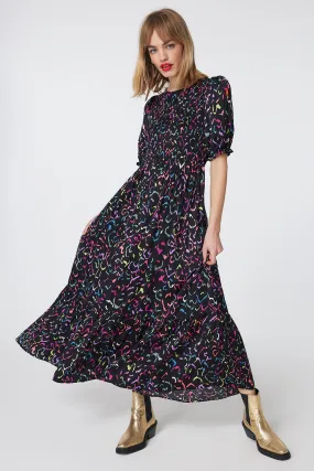Black with Rainbow Abstract Animal Shirred Maxi Dress Black with Rainbow Abstract Animal Shirred Maxi Dress