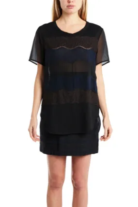 Black/Navy 3.1 Phillip Lim Curved Hem Tee with Lace Applique Black/Navy 3.1 Phillip Lim Curved Hem Tee with Lace Applique