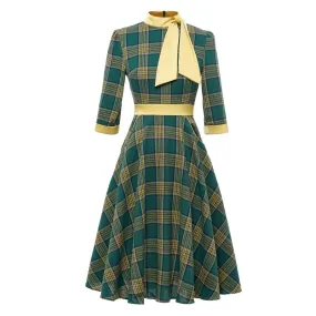 Bow Neck Green Plaid 50s Vintage 3/4 Length Sleeve Midi Dress for Women, Autumn Winter Pocket Side Retro Dress Bow Neck Green Plaid 50s Vintage 3/4 Length Sleeve Midi Dress for Women, Autumn Winter Pocket Side Retro Dress