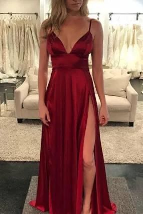 Burgundy A-line Spaghetti Straps Floor-length Prom Dresses With Side Slit, SP390 Burgundy A-line Spaghetti Straps Floor-length Prom Dresses With Side Slit, SP390