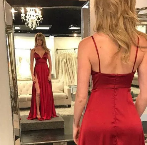 Burgundy A-line Spaghetti Straps Floor-length Prom Dresses With Side Slit, SP390