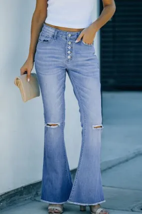 Button-Fly Distressed Raw Hem Flare Jeans Button-Fly Distressed Raw Hem Flare Jeans