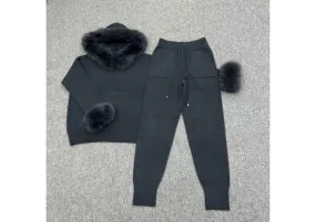 Charcoal Faux Fur Trim Hood & Cuff Tracksuit Charcoal Faux Fur Trim Hood & Cuff Tracksuit