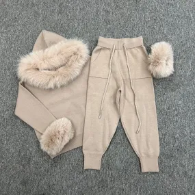 Childrens Beige Luxury Fur Trim Hood & Cuff Tracksuit Childrens Beige Luxury Fur Trim Hood & Cuff Tracksuit