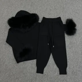 Childrens Black Luxury Fur Trim Hood & Cuff Tracksuit Childrens Black Luxury Fur Trim Hood & Cuff Tracksuit