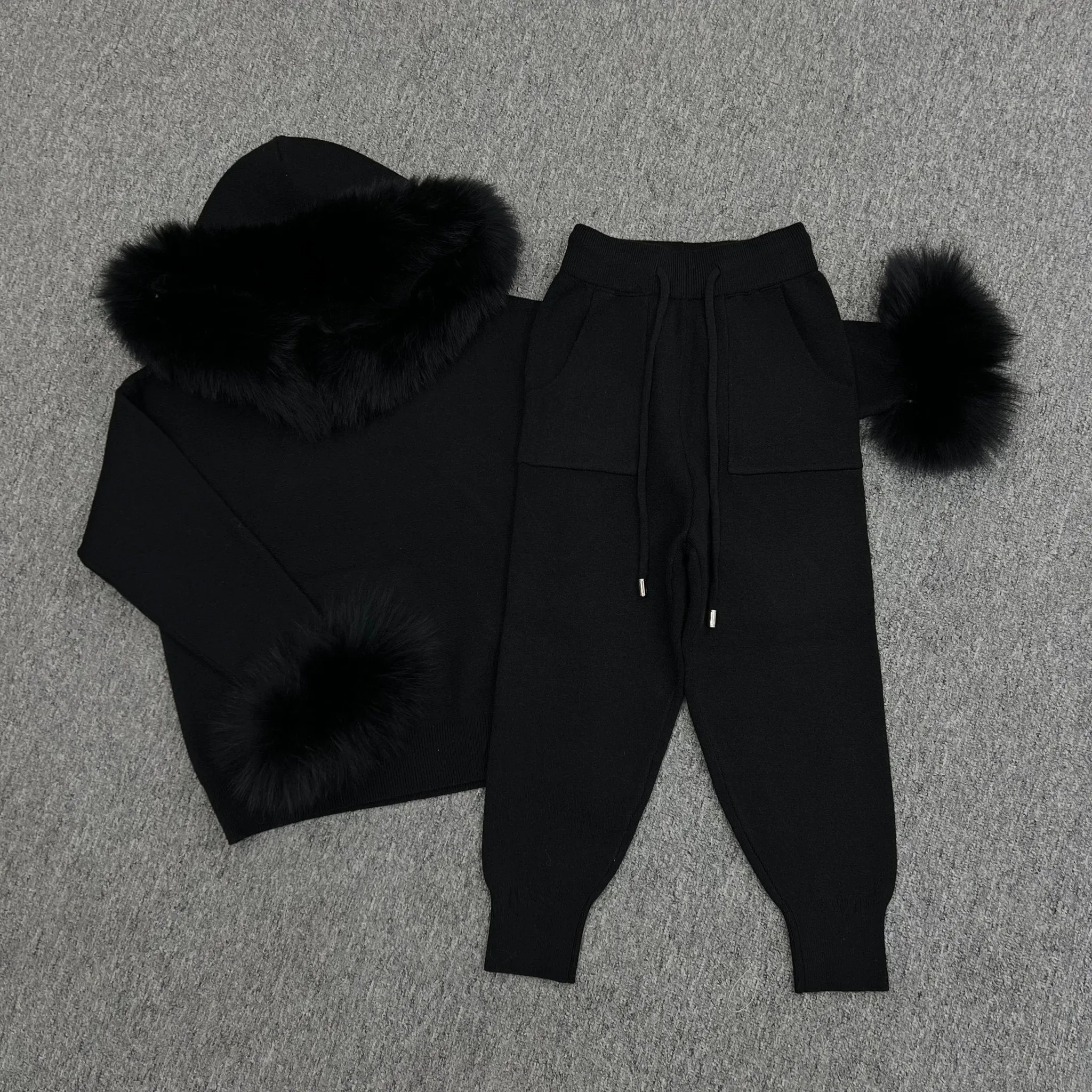 Childrens Black Luxury Fur Trim Hood & Cuff Tracksuit