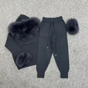 Childrens Charcoal Luxury Fur Trim Hood & Cuff Tracksuit Childrens Charcoal Luxury Fur Trim Hood & Cuff Tracksuit
