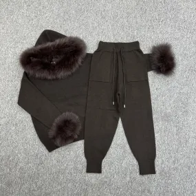 Childrens Chocolate Luxury Fur Trim Hood & Cuff Tracksuit Childrens Chocolate Luxury Fur Trim Hood & Cuff Tracksuit