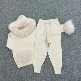Childrens Light Beige Luxury Fur Trim Hood & Cuff Tracksuit Childrens Light Beige Luxury Fur Trim Hood & Cuff Tracksuit