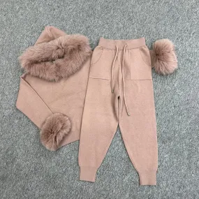 Childrens Taupe Luxury Fur Trim Hood & Cuff Tracksuit Childrens Taupe Luxury Fur Trim Hood & Cuff Tracksuit