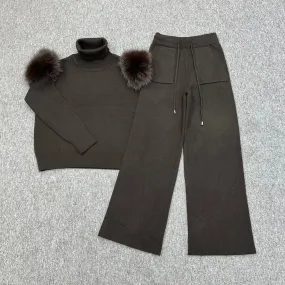 Chocolate Faux Fur Shoulder Wide Leg Tracksuit Chocolate Faux Fur Shoulder Wide Leg Tracksuit