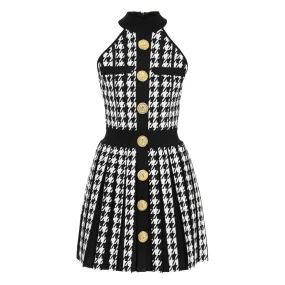 Contrast Buttoned Houndstooth Print Sleeveless Fit and Flare Mini Pleated Sweater Dress Contrast Buttoned Houndstooth Print Sleeveless Fit and Flare Mini Pleated Sweater Dress