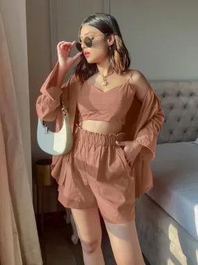 Cotton Three Piece Shorts, Shirt  and Crop Top Set Cotton Three Piece Shorts, Shirt  and Crop Top Set