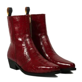 Cowboy Deep Cut Croco Wine Leather Cuban Heel Boots By Brune & Bareskin Cowboy Deep Cut Croco Wine Leather Cuban Heel Boots By Brune & Bareskin