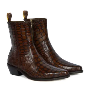 Cowboy Style Deep Cut Croco Tan Smokey Finish Cuban Heel Leather Chelsea Boots By Brune & Bareskin Cowboy Style Deep Cut Croco Tan Smokey Finish Cuban Heel Leather Chelsea Boots By Brune & Bareskin