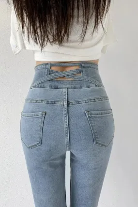 Cut Out Cross Waistband Skinny Jeans Cut Out Cross Waistband Skinny Jeans