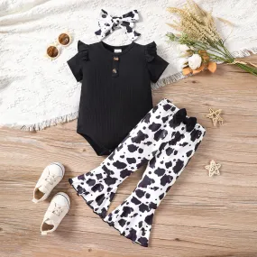 Decorative Button Ribbed Bodysuit and Printed Flare Pants Set Decorative Button Ribbed Bodysuit and Printed Flare Pants Set