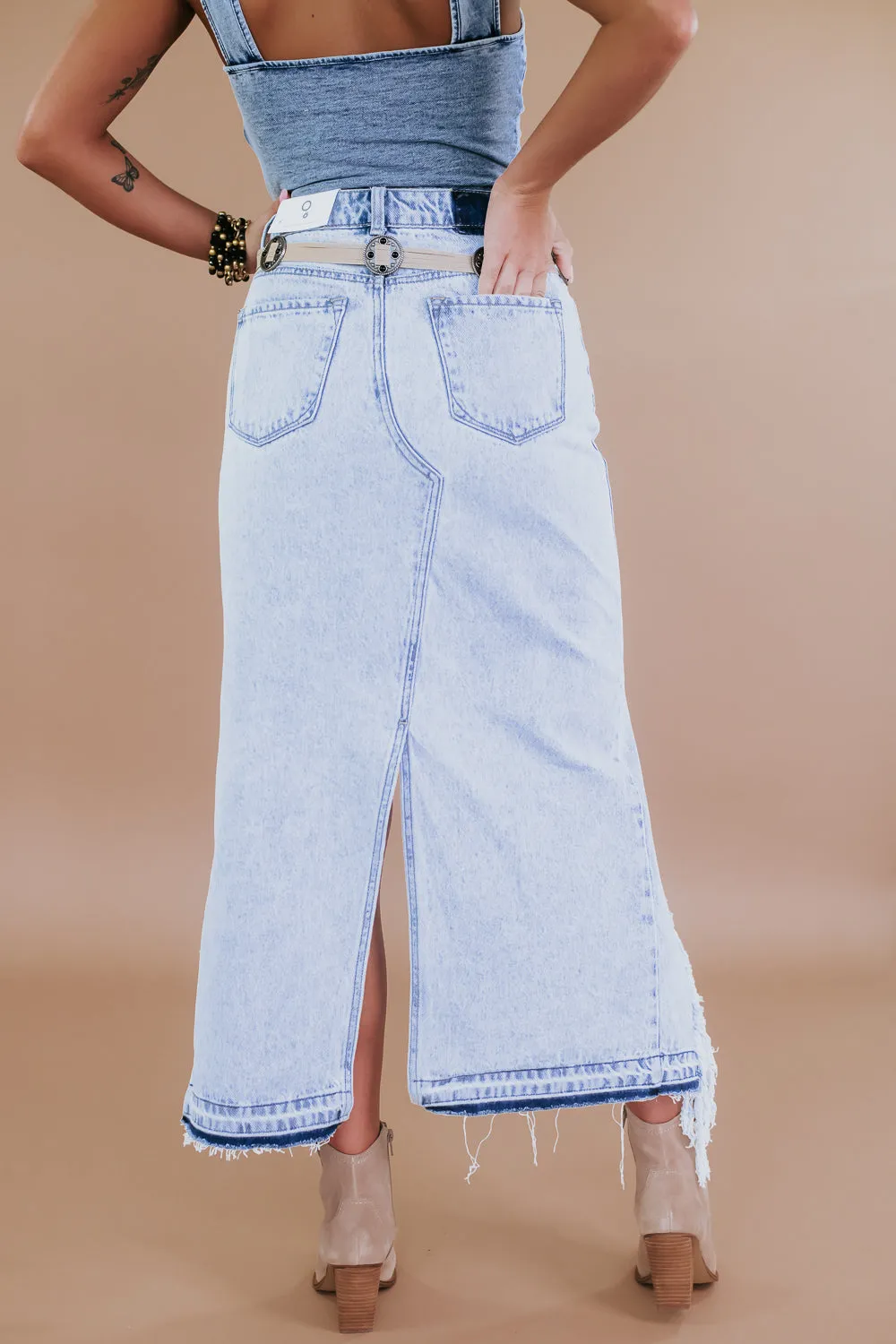 Distressed Denim Maxi Skirt