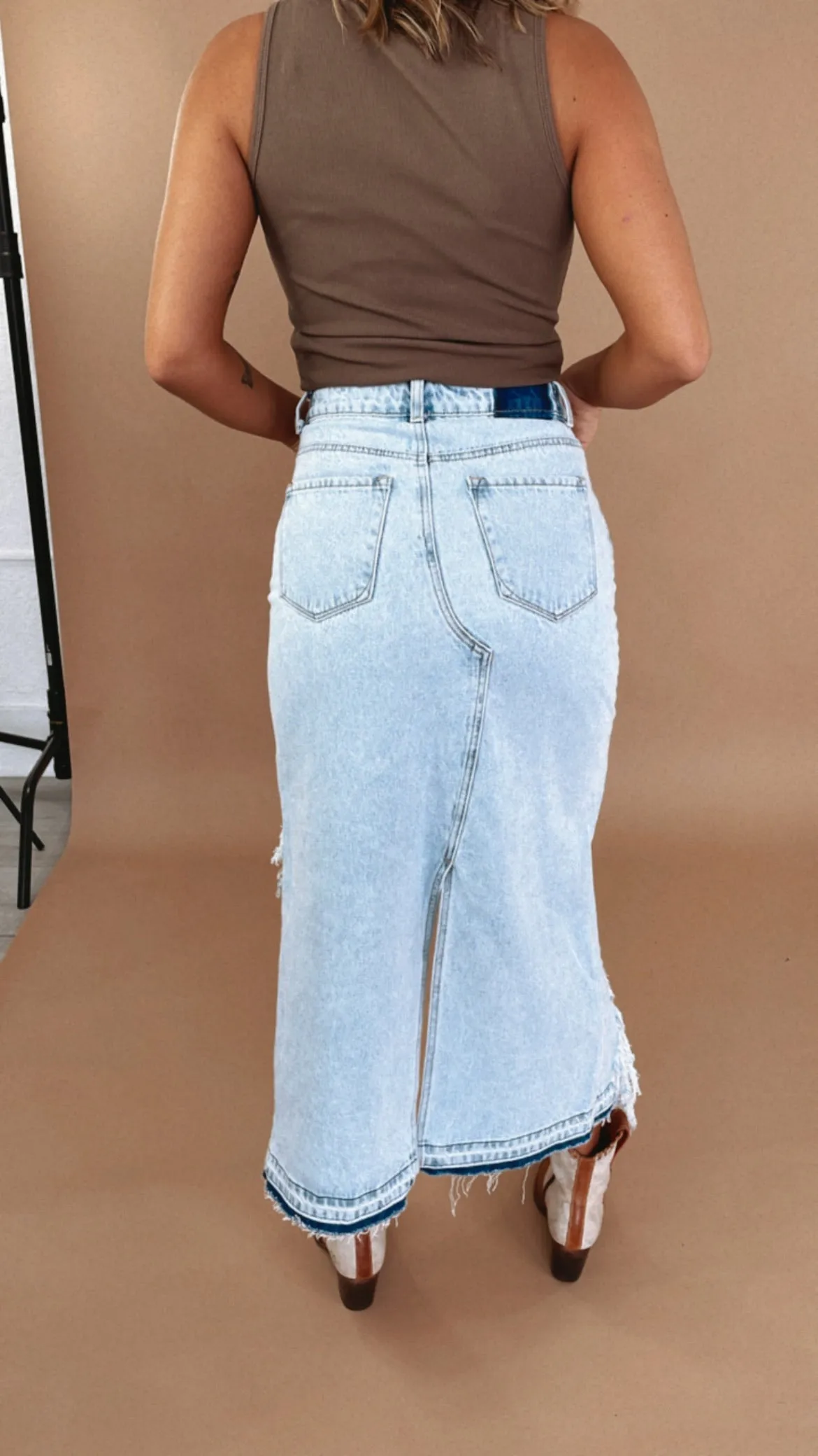 Distressed Denim Maxi Skirt
