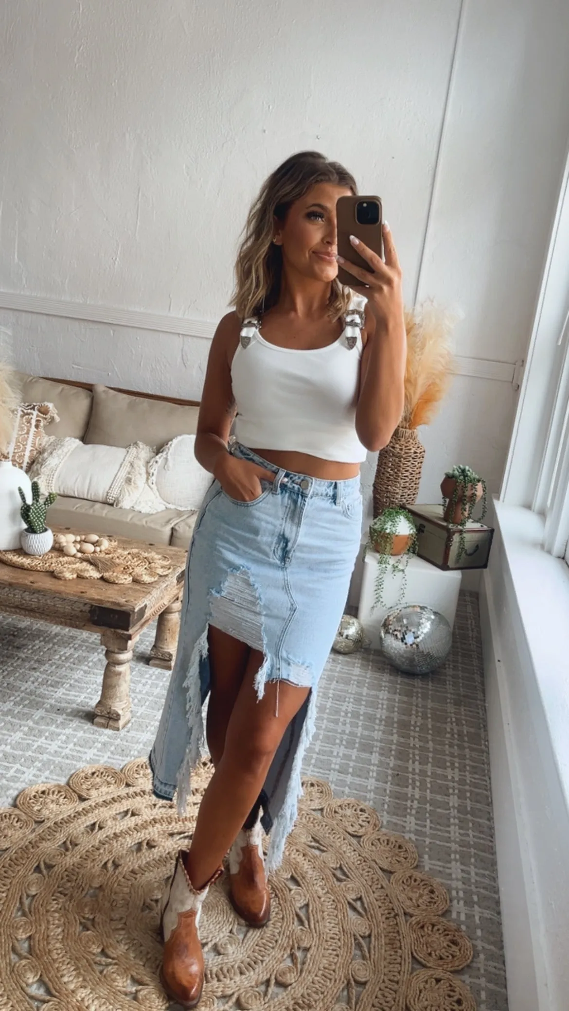 Distressed Denim Maxi Skirt