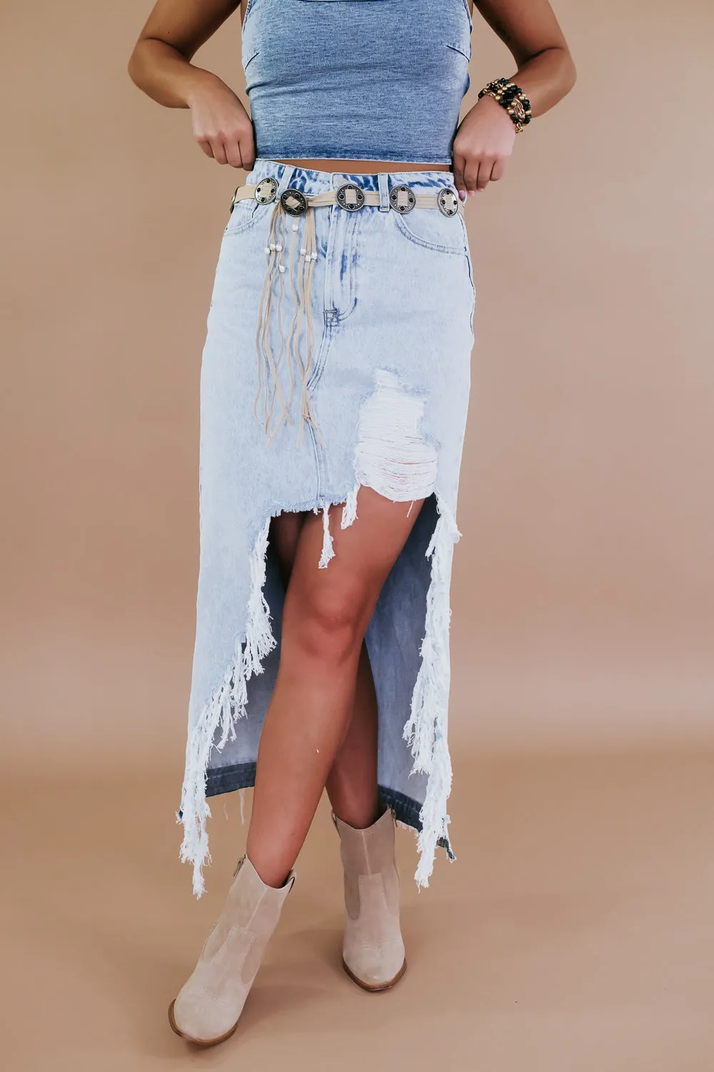 Distressed Denim Maxi Skirt