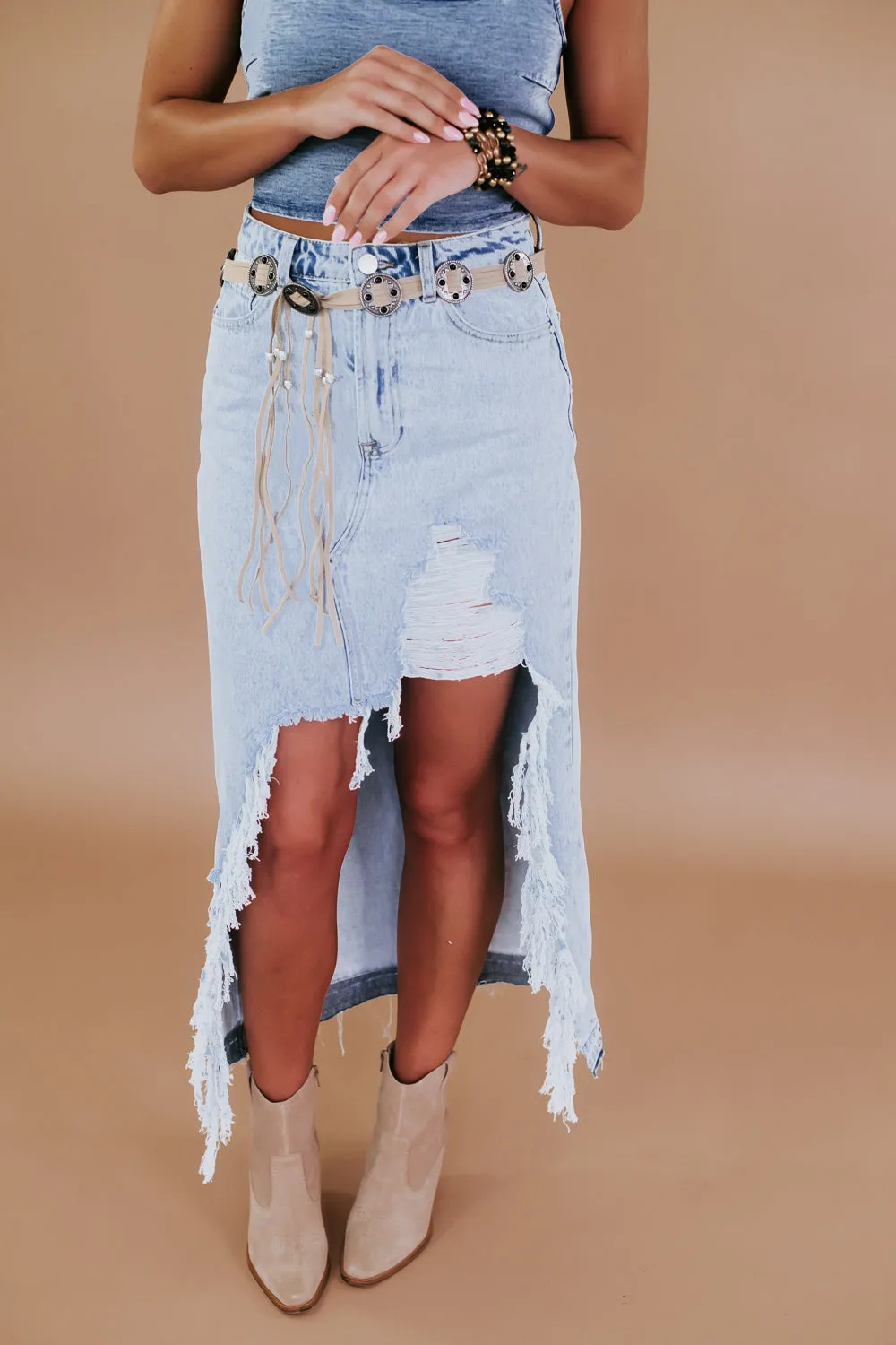 Distressed Denim Maxi Skirt