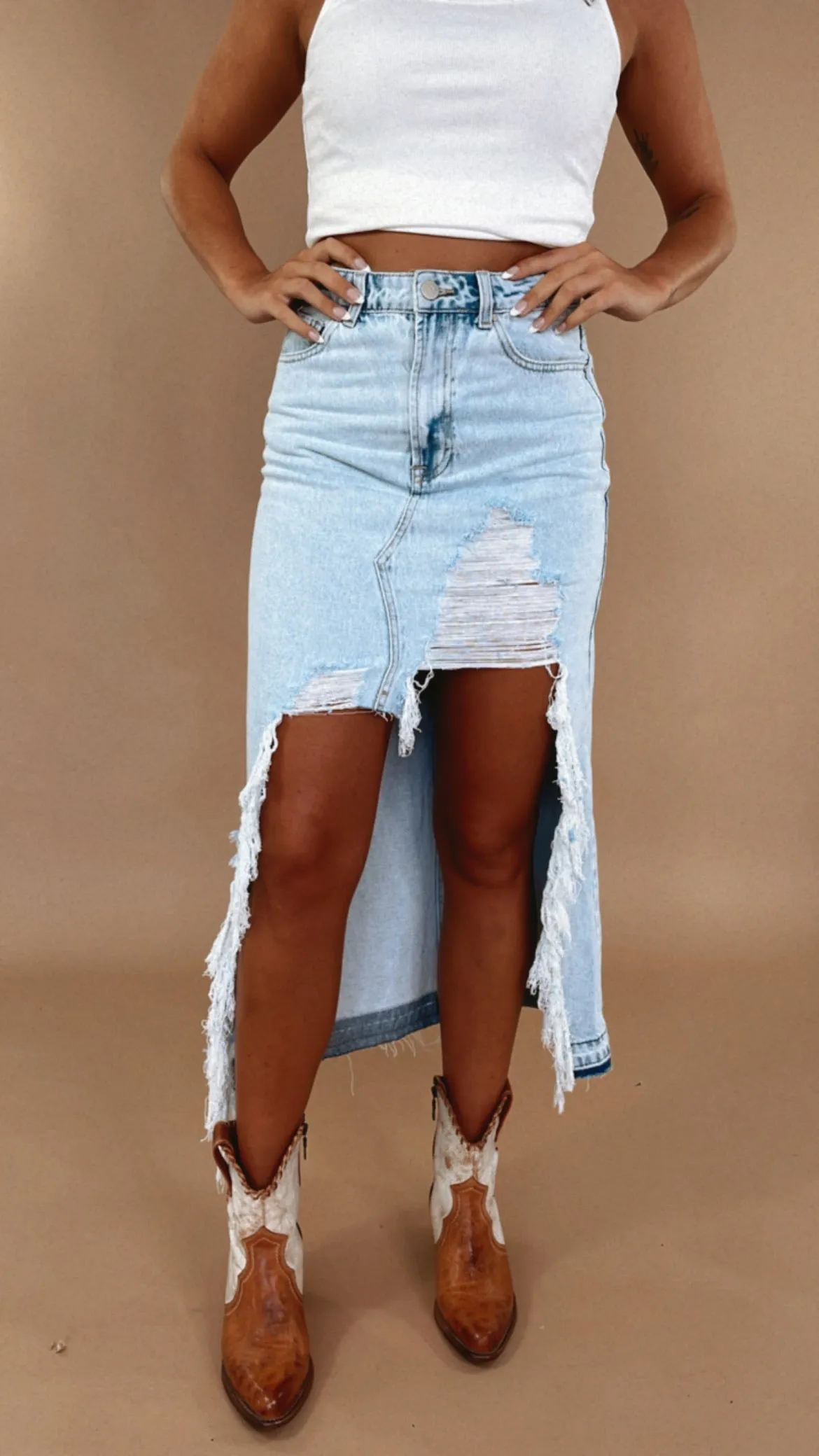 Distressed Denim Maxi Skirt