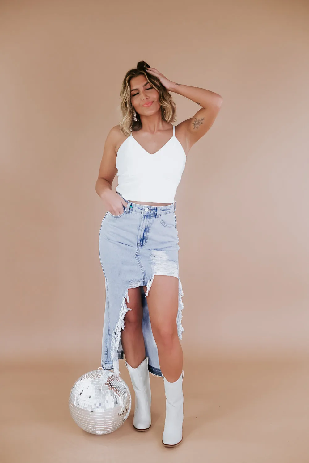 Distressed Denim Maxi Skirt