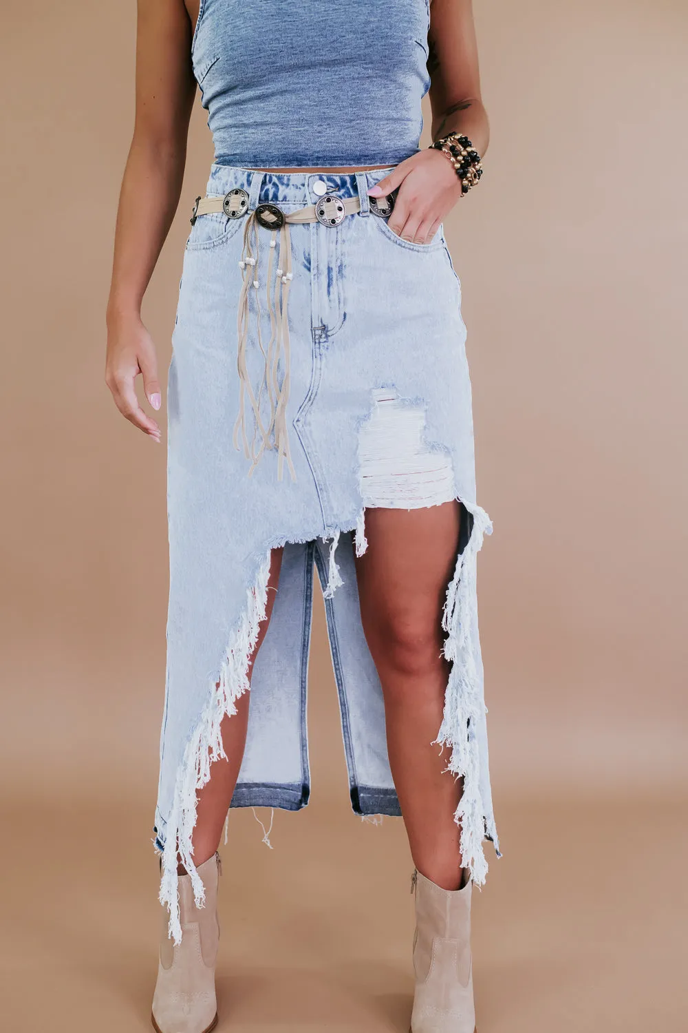 Distressed Denim Maxi Skirt