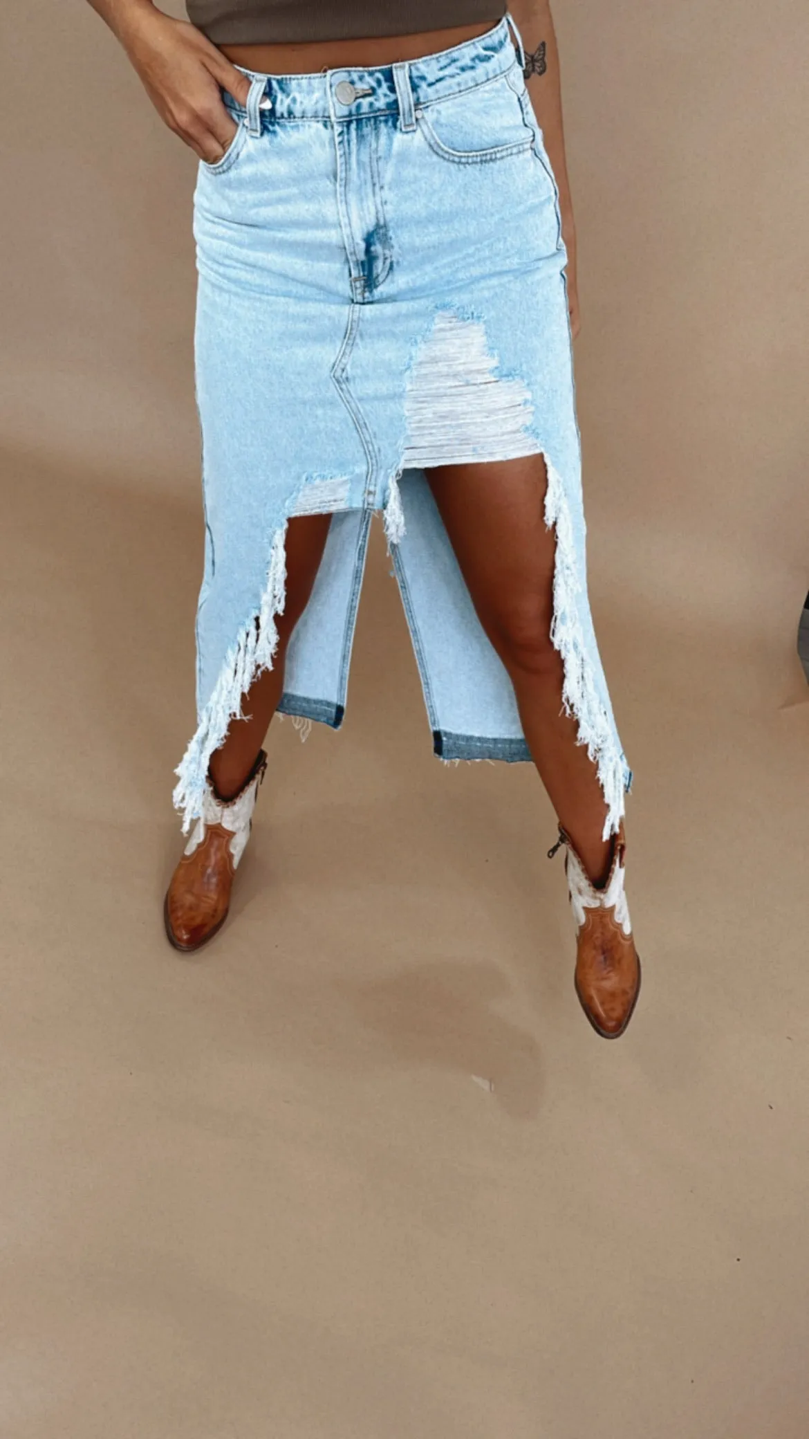 Distressed Denim Maxi Skirt