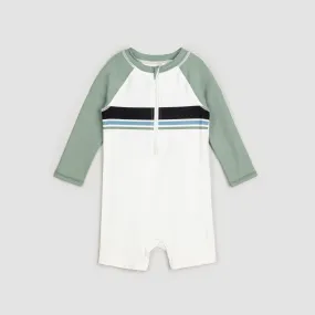 Dusty Green Color Block Long-Sleeved Swim Romper | Miles The Label Dusty Green Color Block Long-Sleeved Swim Romper | Miles The Label