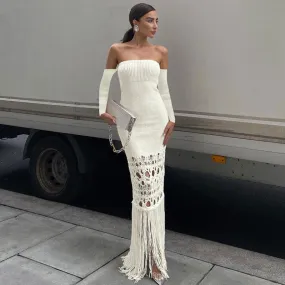 Elegant Off Shoulder Crochet Ripped Semi Sheer Fringe Knit Maxi Dress Elegant Off Shoulder Crochet Ripped Semi Sheer Fringe Knit Maxi Dress