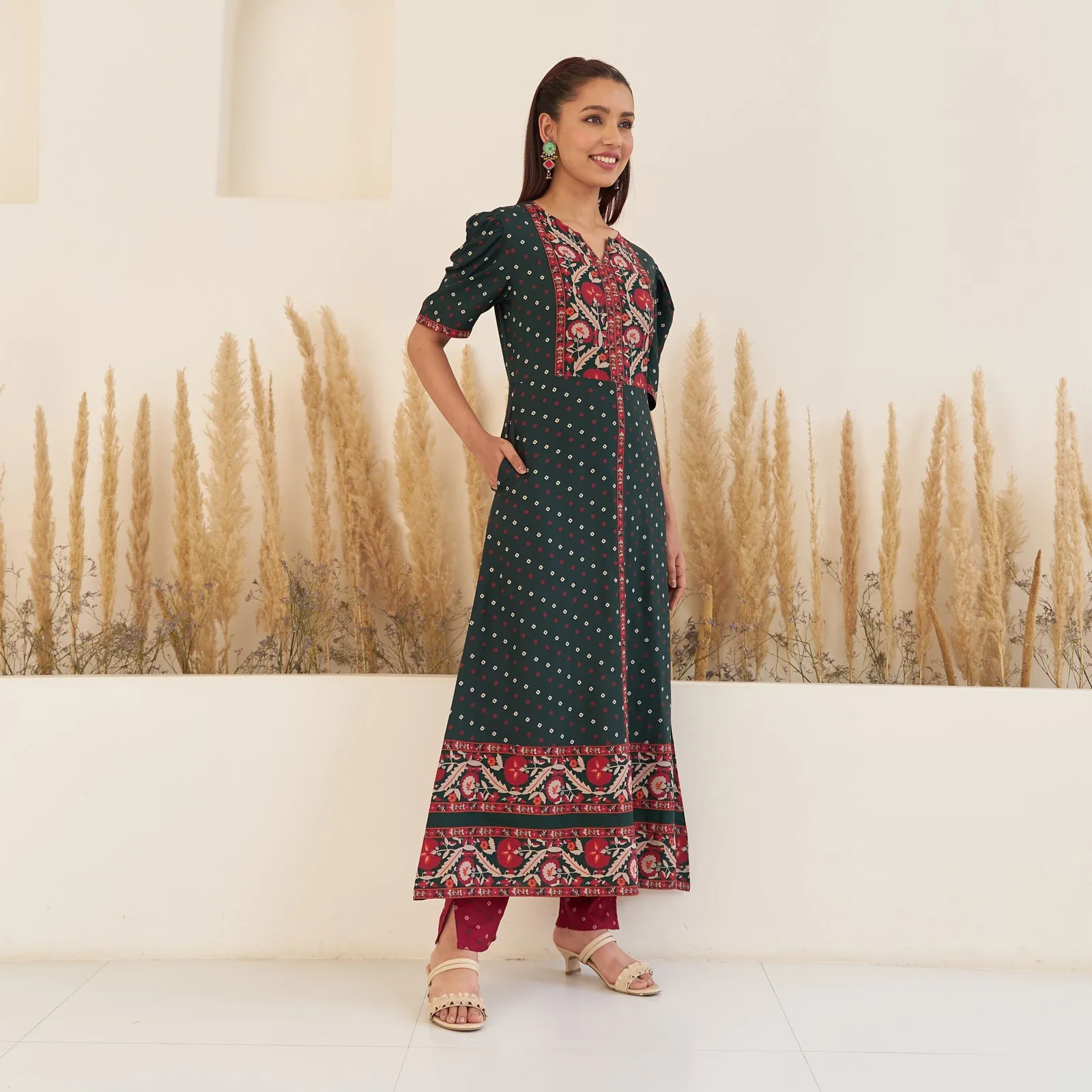 Emerald Green Bandhani Inspired Kurta Pant Co ord Set with Puff Sleeves