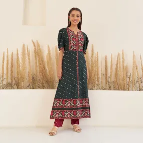 Emerald Green Bandhani Inspired Kurta Pant Co ord Set with Puff Sleeves Emerald Green Bandhani Inspired Kurta Pant Co ord Set with Puff Sleeves