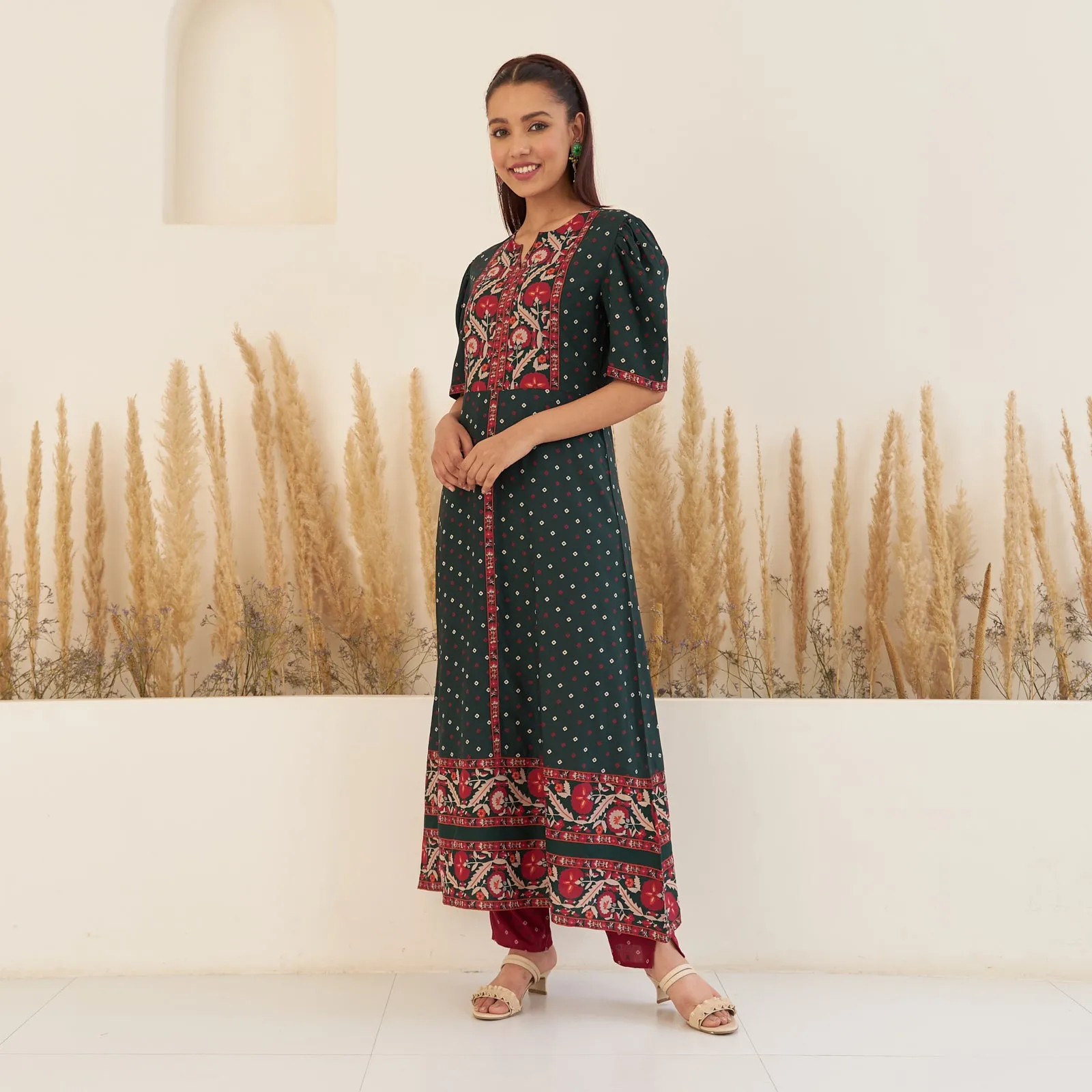 Emerald Green Bandhani Inspired Kurta Pant Co ord Set with Puff Sleeves