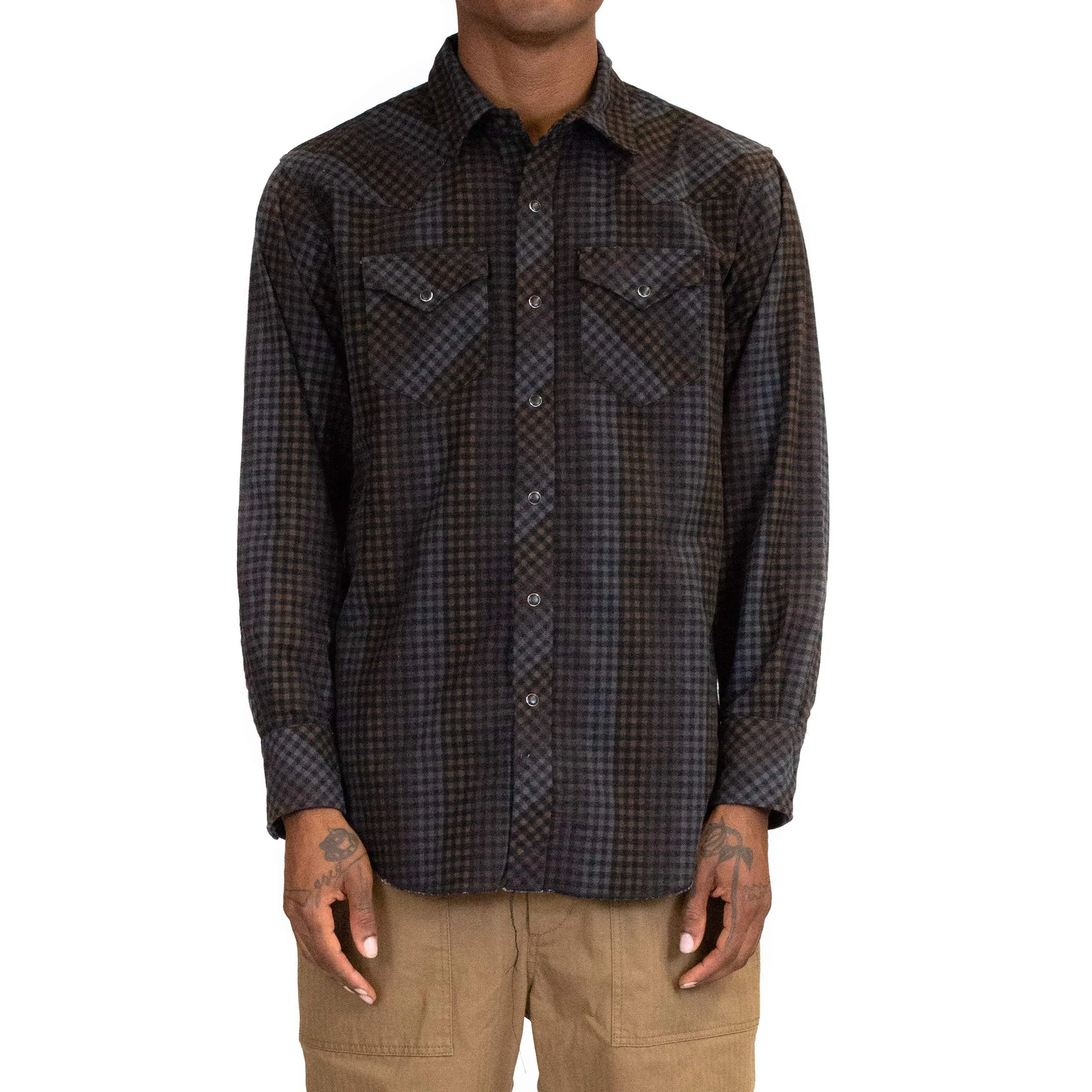 Engineered Garments Western Shirt Black Brown Flannel Print Dark Check