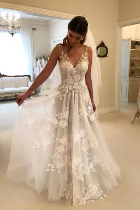 Fabulous Tulle A-line V-neck Floor Length Lace Wedding Dresses With Appliques, SW166 Fabulous Tulle A-line V-neck Floor Length Lace Wedding Dresses With Appliques, SW166