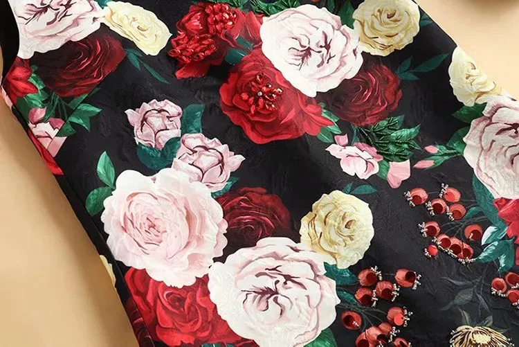 Fashion Runway Floral Print Beading Vintage Mini Short Dress