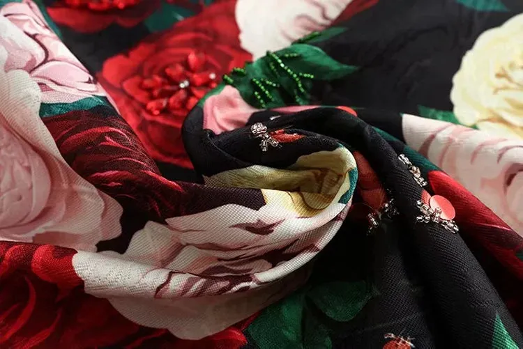 Fashion Runway Floral Print Beading Vintage Mini Short Dress