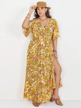 Floral V-Neck Short Sleeve Slit Dress Floral V-Neck Short Sleeve Slit Dress
