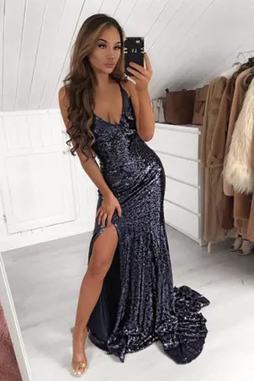 Glamorous Sequins Spaghetti Straps V-Neck Mermaid Prom Dress With Slit, SP466 Glamorous Sequins Spaghetti Straps V-Neck Mermaid Prom Dress With Slit, SP466