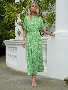 Green Ditsy Print Tuck Waist Midi Dress Green Ditsy Print Tuck Waist Midi Dress